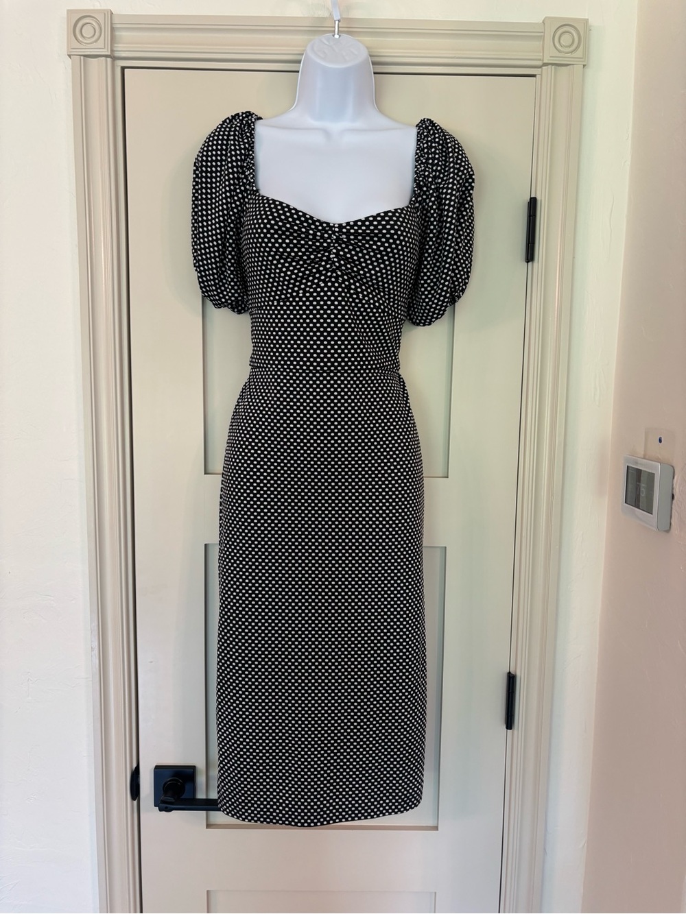 Betsey Johnson Polka Dot ruched pin up retro glam midi dress puff sleeve Sz 8 - Picture 2 of 9